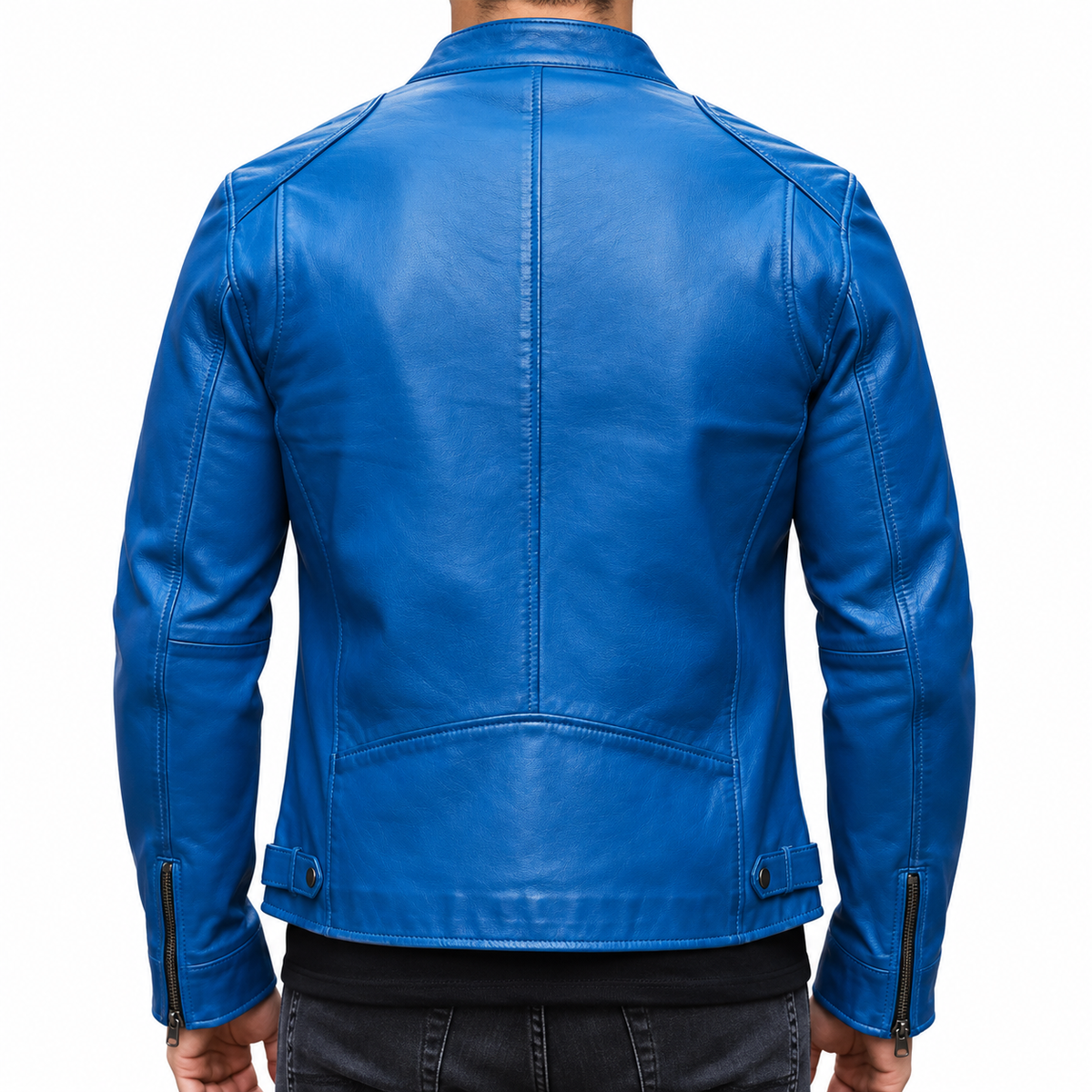 A bright blue leather jacket shown from the back on a model, featuring a high collar, shoulder epaulets, and zippered sleeve cuffs, set against a plain white background.