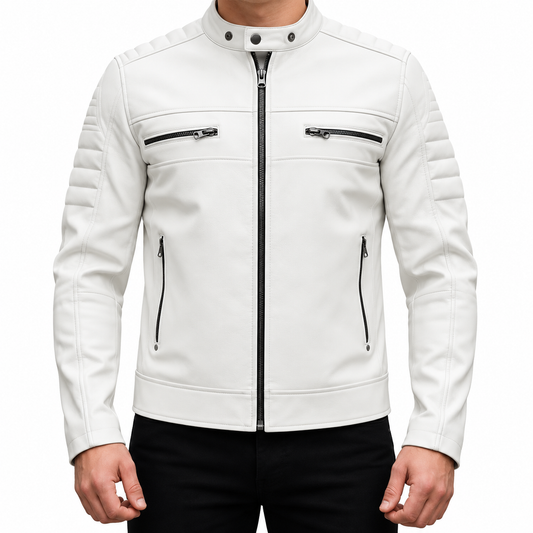 A white faux leather biker jacket with black zippers and silver snap details, shown on a model wearing black pants against a white background.