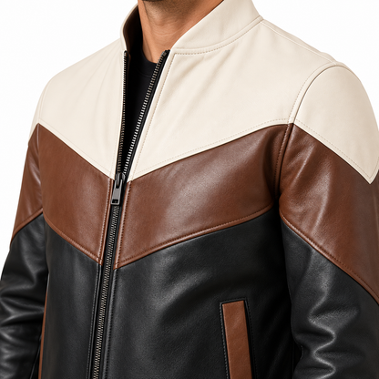Men’s Black, Brown & Cream Leather Jacket – Modern Colorblock Bomber Jacket
