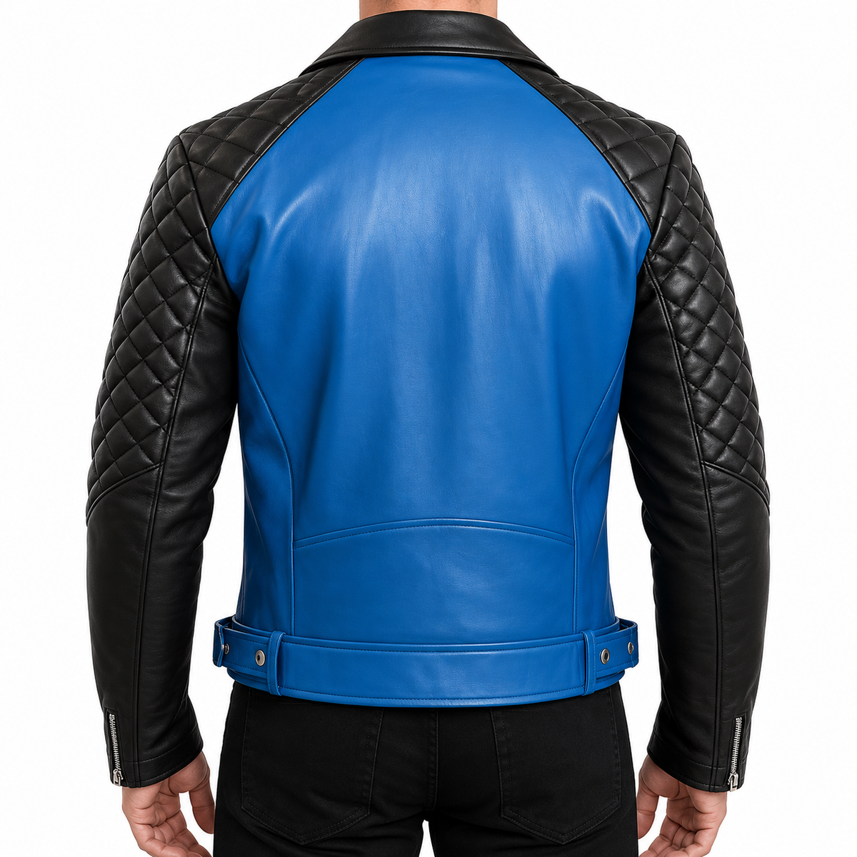 Men’s Blue and Black Leather Biker Jacket – Quilted Shoulder Motorcycle Style Jacket
