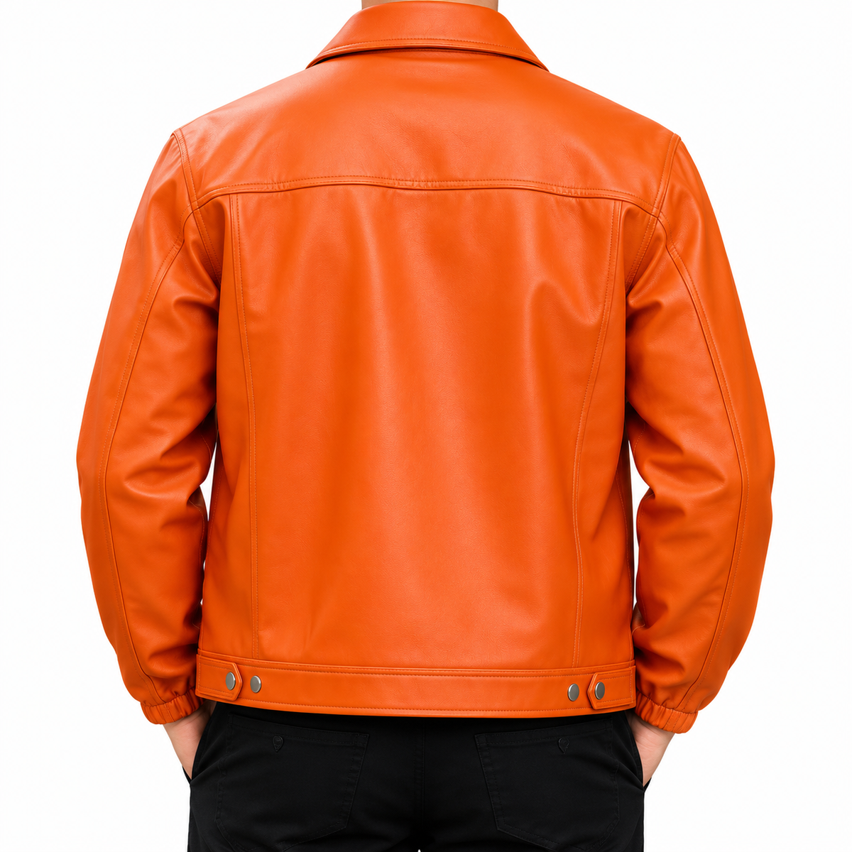 A bright orange leather jacket shown from the back, worn by a model with black pants against a plain white background.