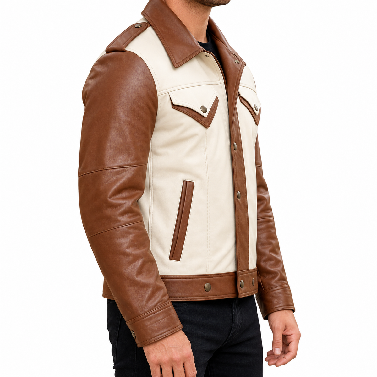 Men’s Brown and Beige Leather Jacket – Vintage Western Style Button-Up Jacket