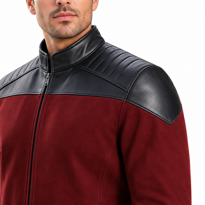 Men’s Burgundy and Black Leather Jacket – Modern Biker Style Zip-Up Jacket