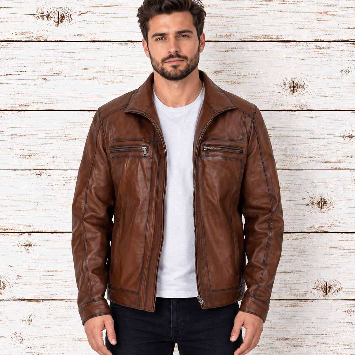 A man wearing a brown leather jacket over a white t-shirt and black jeans