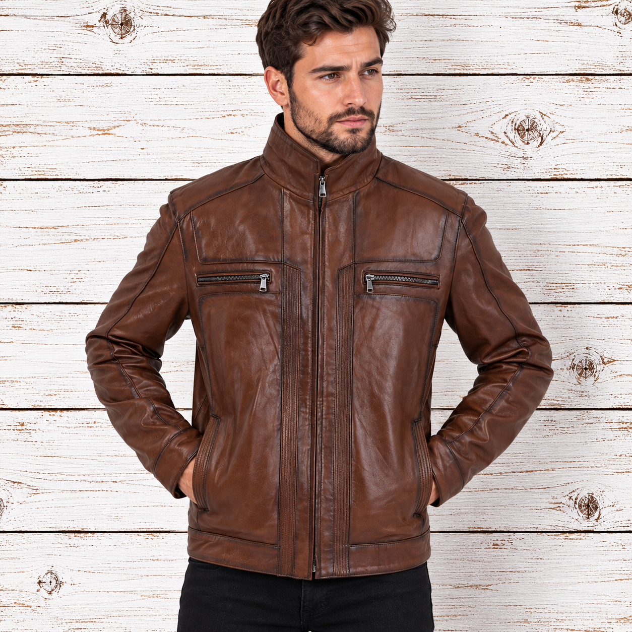 A man wearing a brown leather jacket with a high collar, front zipper, and zippered chest pockets