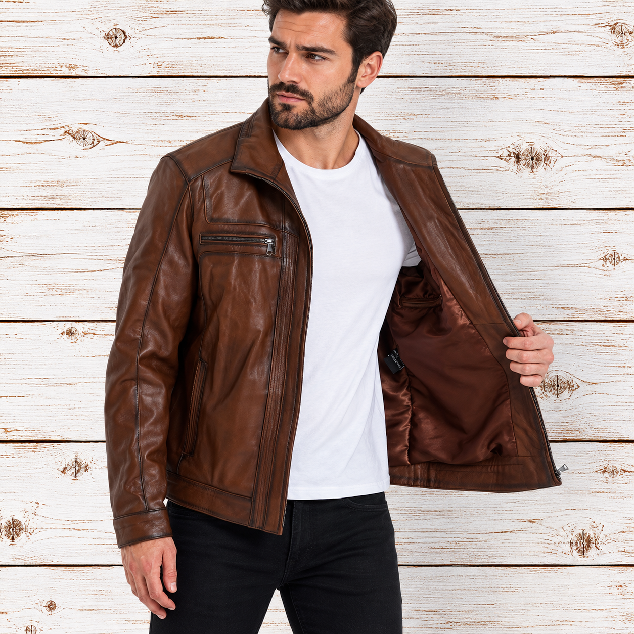 A man wearing a brown leather jacket over a white t-shirt and black pants