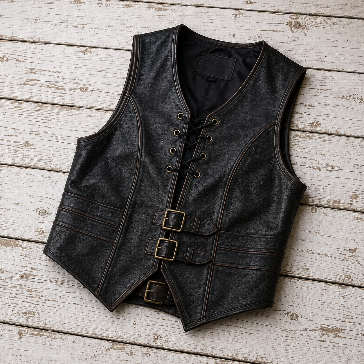 Black leather vest with lace-up front, decorative brass-tone buckles, and contrast stitching, laid flat on a whitewashed wooden plank surface.