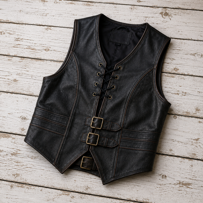 Black leather vest with lace-up front, decorative brass-tone buckles, and contrast stitching, laid flat on a whitewashed wooden plank surface.