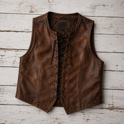 A brown distressed leather vest with a lace-up front, laid flat on a white-painted wooden plank background.
