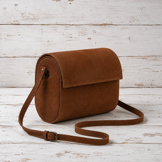 A brown suede crossbody bag with a long adjustable strap, displayed on a rustic white-painted wooden plank surface.