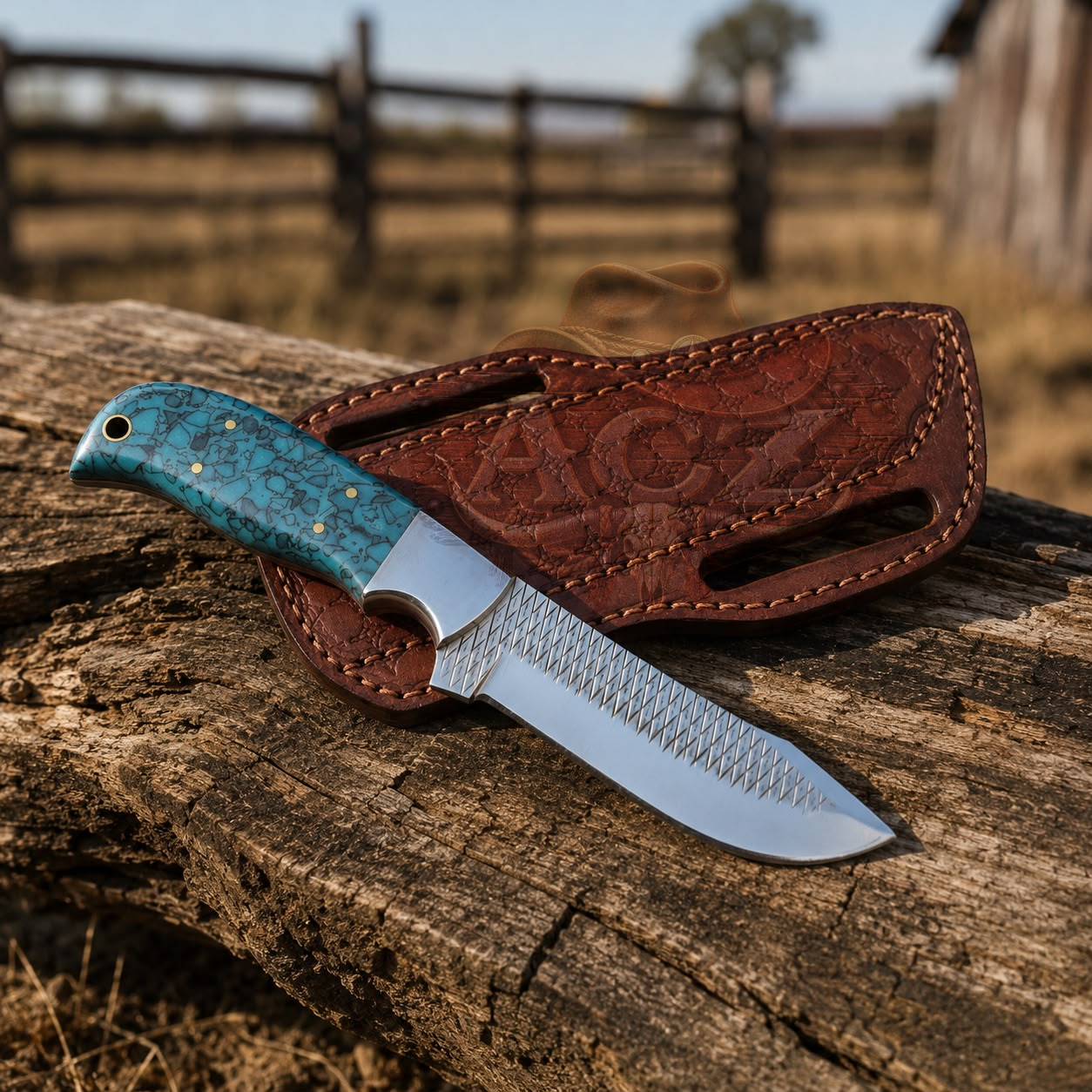 Western Cowboy Rasp Steel Knife with Resin Handle & Leather Sheath