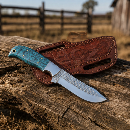 Western Cowboy Rasp Steel Knife with Resin Handle & Leather Sheath