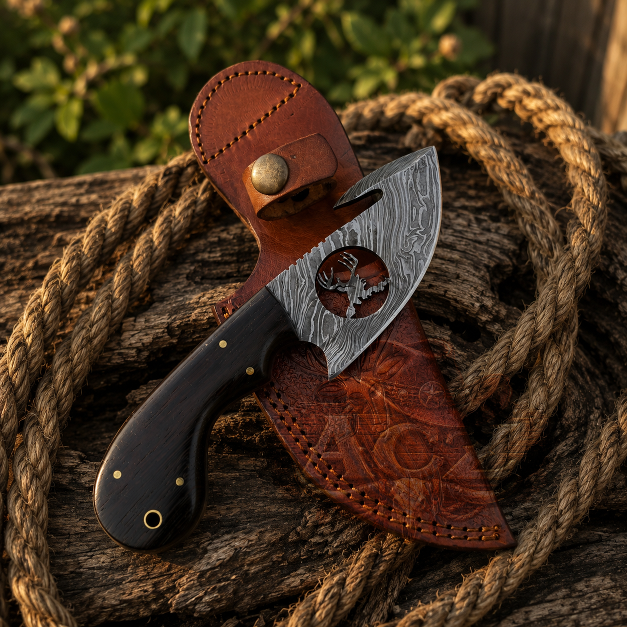 A custom fixed-blade knife with a patterned steel blade and black handle, displayed diagonally on a brown leather sheath. The knife and sheath rest on a rustic log wrapped with thick natural rope, with a soft-focus green foliage background.