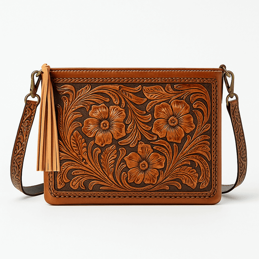 A brown tooled leather crossbody bag with floral embossing, a tan leather tassel, and a matching tooled strap, shown on a clean white background.