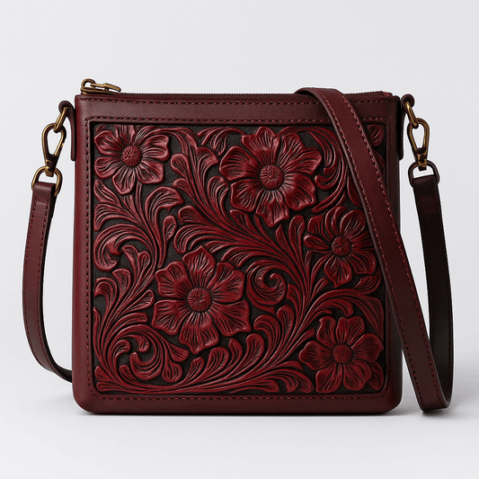 A dark red leather crossbody handbag with an embossed floral pattern, featuring a matching leather shoulder strap and gold-tone hardware, shown against a light gray background.