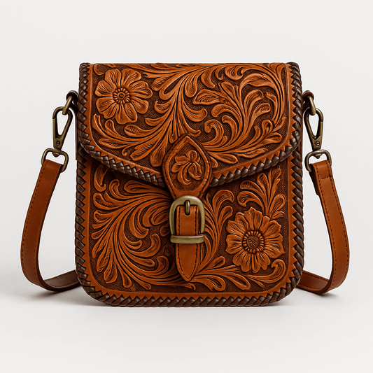 A brown tooled leather crossbody bag with floral embossing, a braided border, and a brass buckle closure, shown against a light gray background.