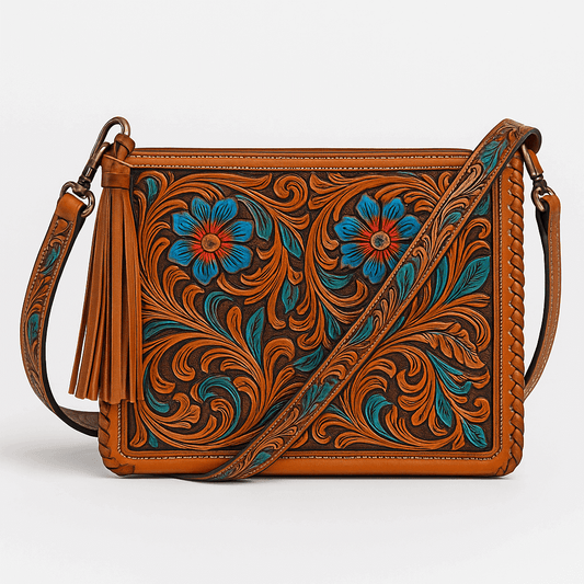 A tooled leather crossbody bag with a brown base, featuring intricate floral and scroll designs in blue, teal, and orange-brown, complete with a tassel and braided strap details.