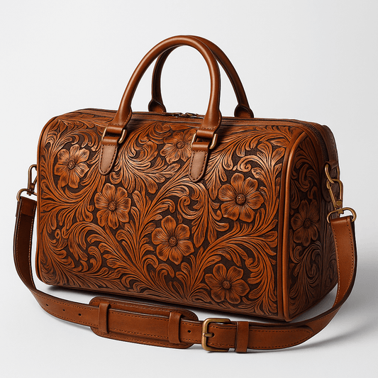 A brown tooled leather duffel bag with floral and scroll patterns, featuring dual top handles, a detachable shoulder strap, and gold-tone hardware, photographed on a light gray background.