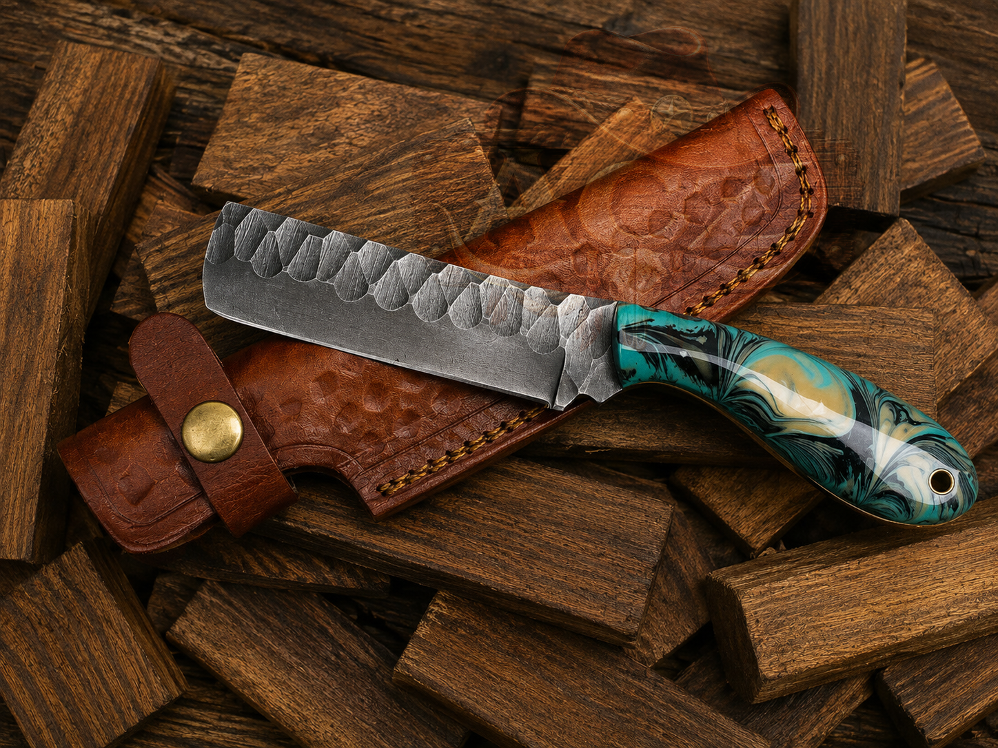 A fixed-blade knife with a hammered silver blade and a marbled turquoise, green, and cream handle, resting on a brown leather sheath over stacked dark wood blocks.