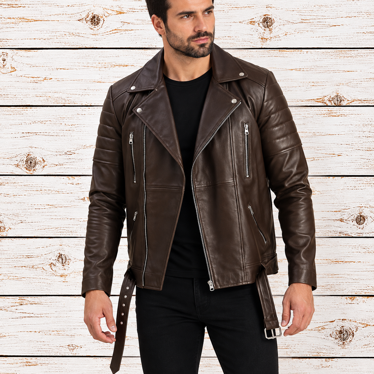 A man wearing a dark brown leather motorcycle jacket over a black shirt and black pants