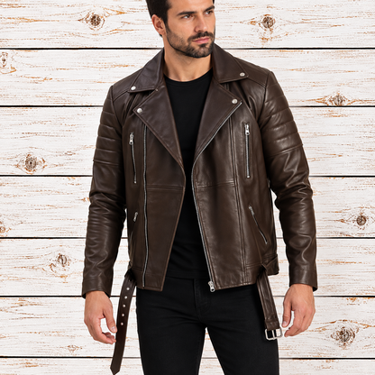 A man wearing a dark brown leather motorcycle jacket over a black shirt and black pants