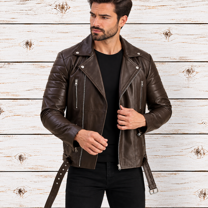 A man wearing a dark brown leather biker jacket with silver zippers, styled over a black t-shirt and black pants
