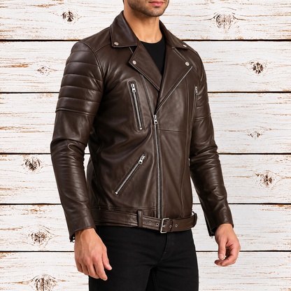 A man wearing a dark brown leather motorcycle jacket with silver zippers, paired with a black shirt and black pants