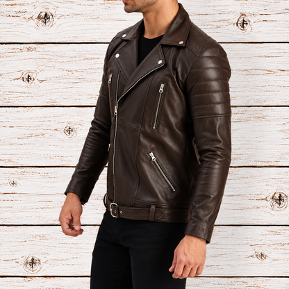Quilted Brown Moto Leather Jacket for Men