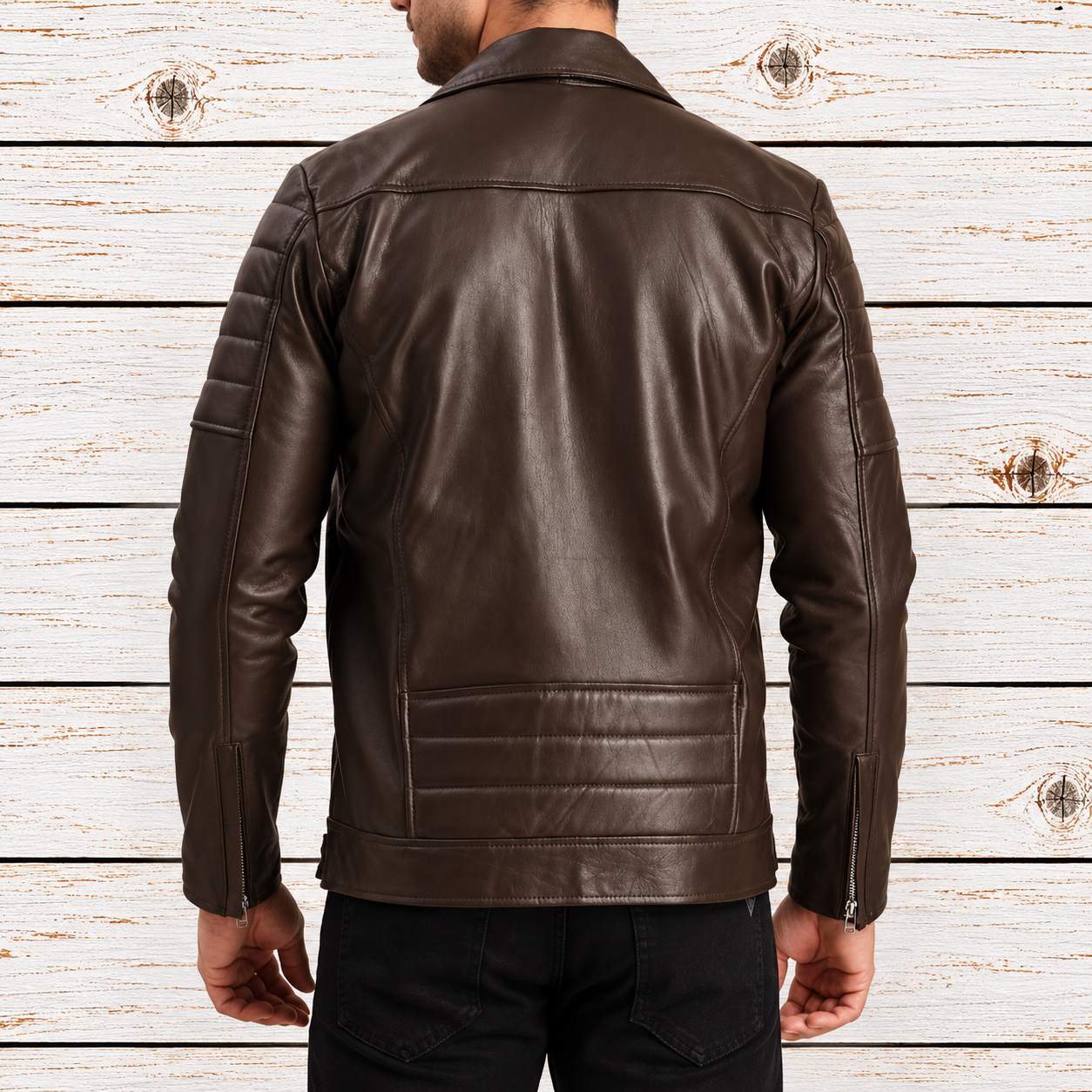 Quilted Brown Moto Leather Jacket for Men
