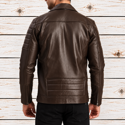 Quilted Brown Moto Leather Jacket for Men