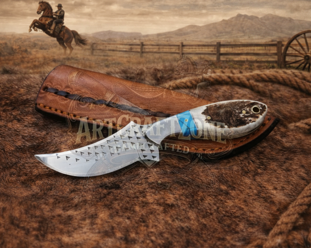 Antler Blue Handle cowboy western handcrafted knife