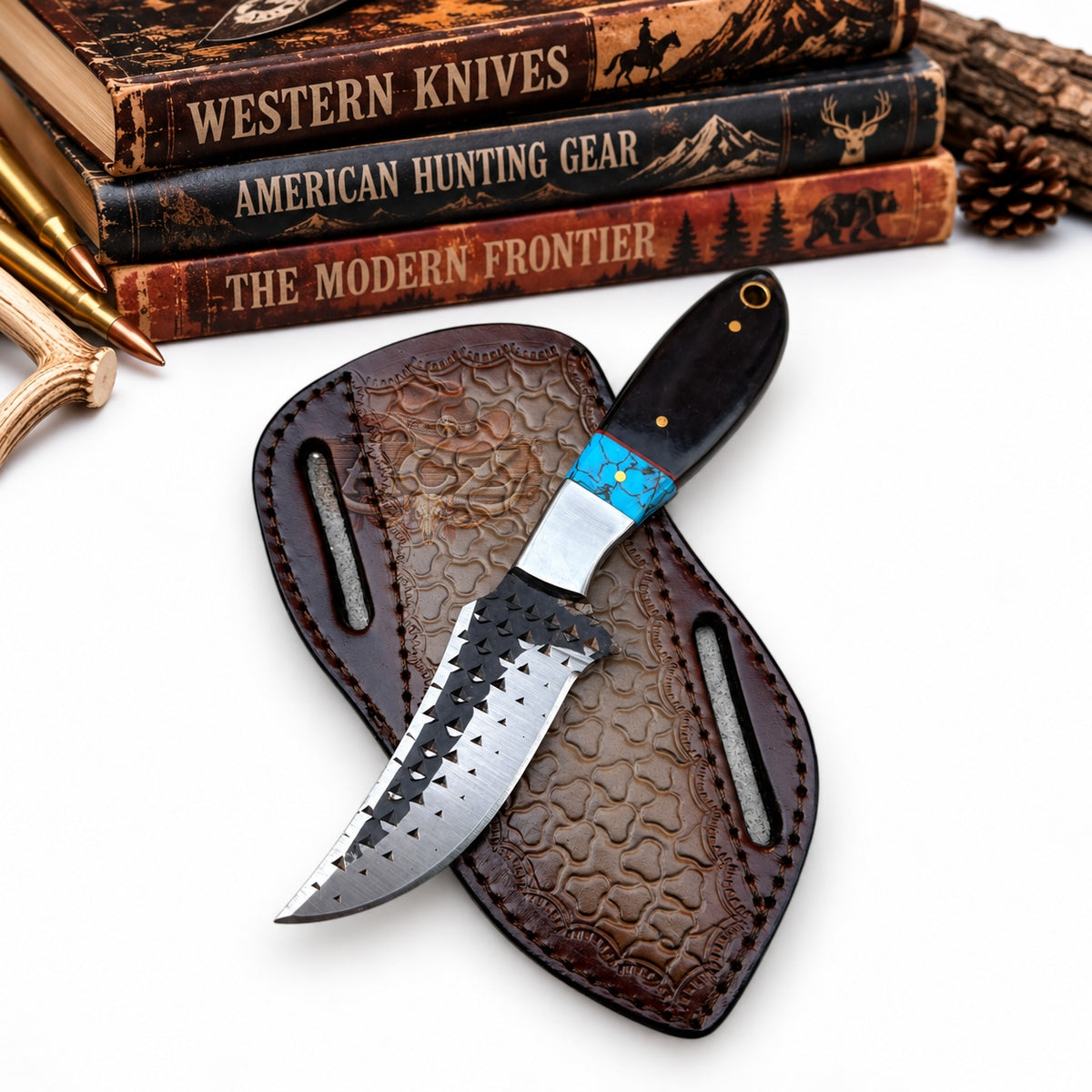 Western Cowboy Rasp Steel Knife – 7" Black Horn & Blue Stone Handle