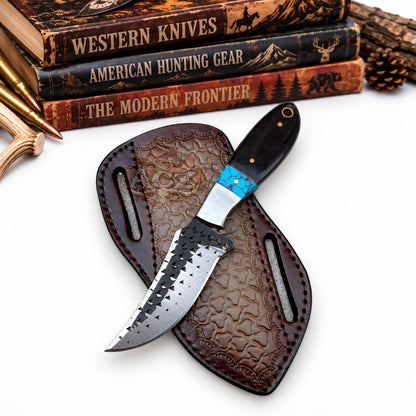 Western Cowboy Rasp Steel Knife – 7" Black Horn & Blue Stone Handle