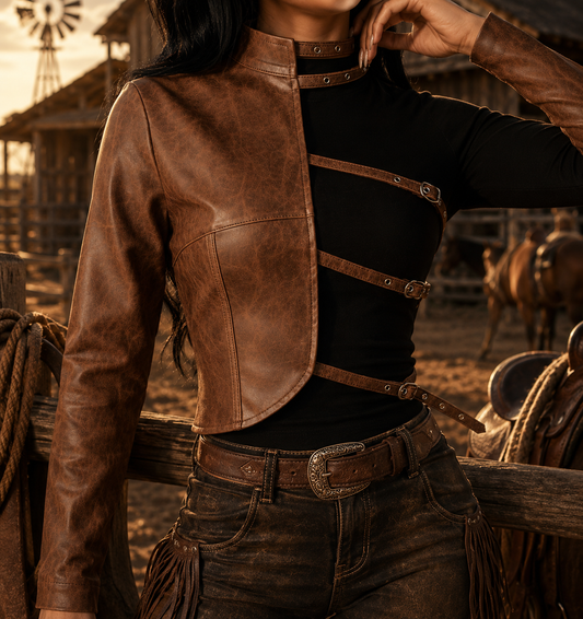 Rustic Edge Asymmetrical Leather Crop Jacket – Handcrafted Edition