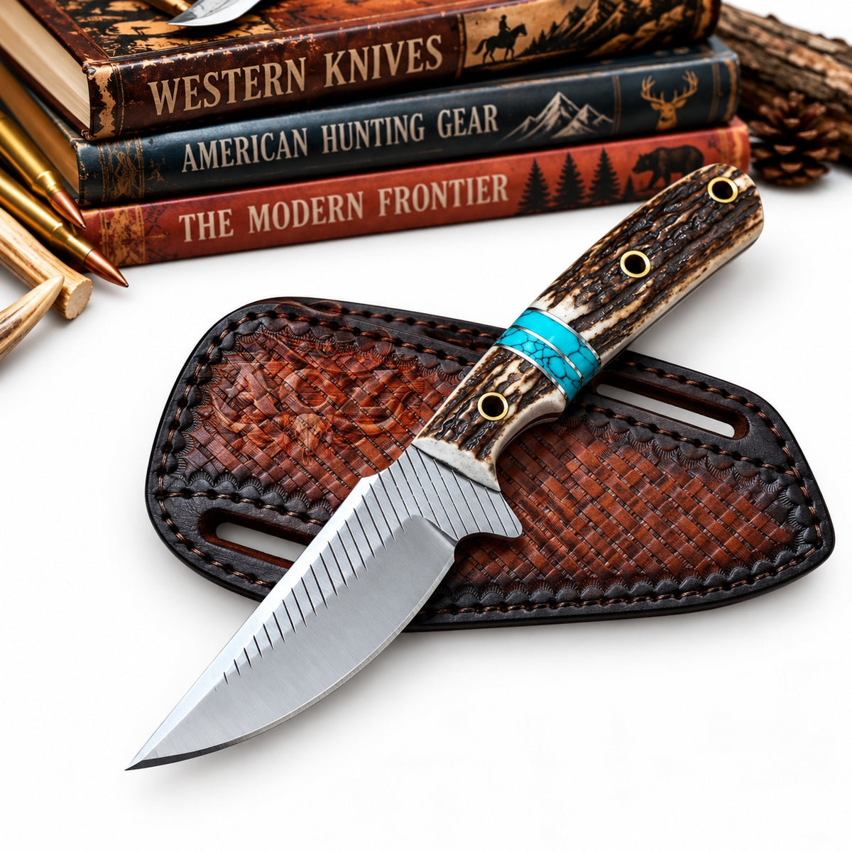 A fixed-blade knife with a textured silver blade and a carved wood handle with a turquoise accent band, resting on a brown woven leather sheath. In the background, stacked engraved books titled 'Western Knives', 'American Hunting Gear', and 'The Modern Frontier' are partially visible alongside bullets and pinecones on a white surface.