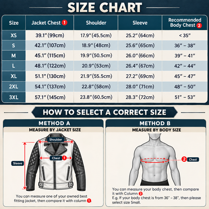 A size chart and selection guide for jackets, showing a size table with chest, shoulder, sleeve, and recommended body size measurements from XS to 3XL, plus two illustrated methods for selecting a correct size using a jacket size or body measurement.