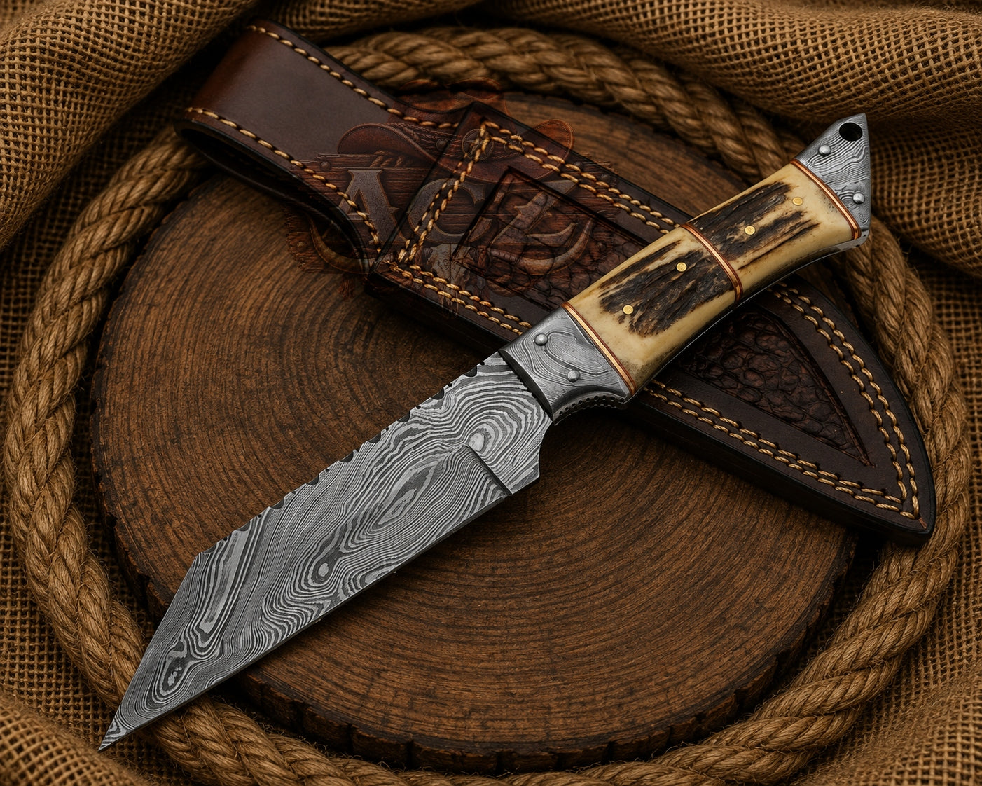 Damascus Tanto Knife with Antler Horn Handle Western Cowboy Blade