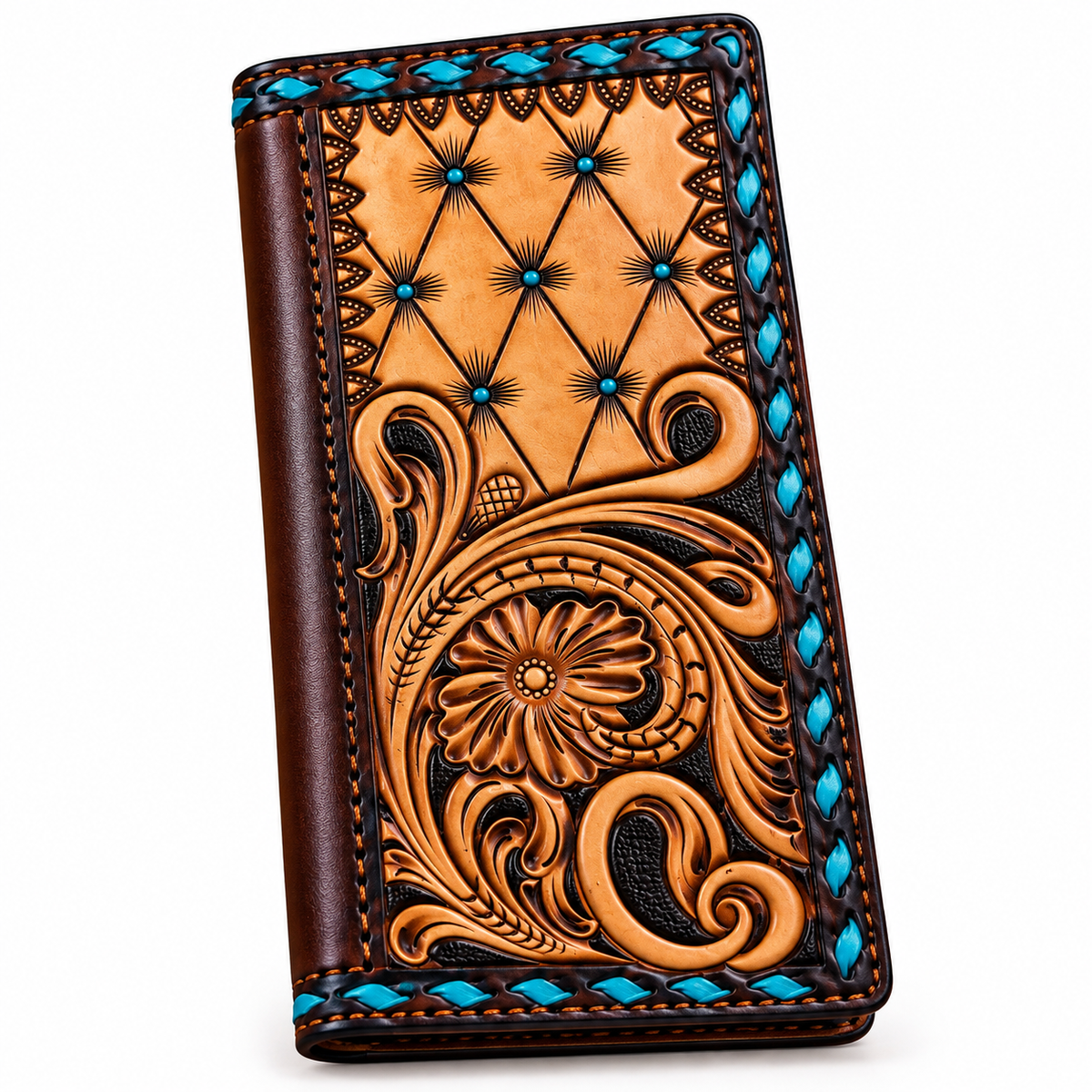 A tooled leather checkbook wallet with intricate floral and scroll designs, turquoise blue bead accents, and a diamond-quilted pattern on a white background.
