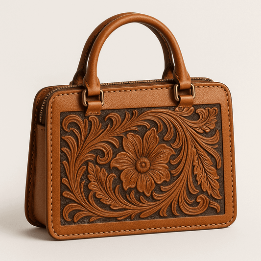 A structured brown leather handbag with a top handle, featuring an embossed floral and scroll pattern on the front panel, photographed against a light off-white background.