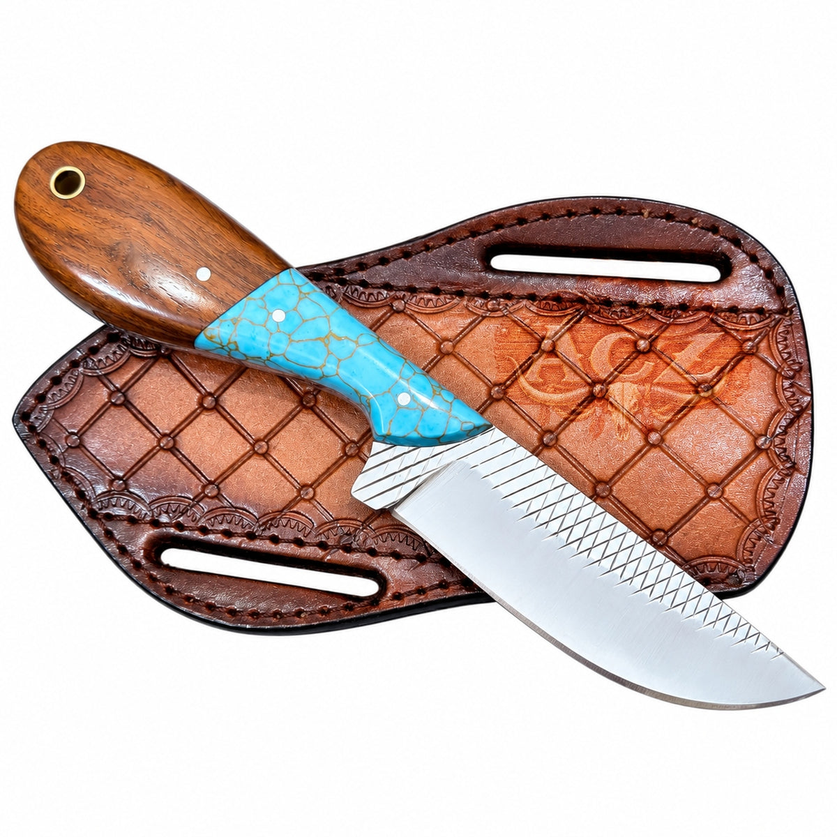 Western Cowboy Knife – 7-Inch Rosewood & Sky-Blue Resin Handle