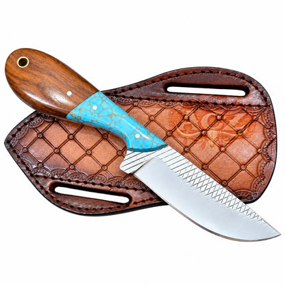 Western Cowboy Knife – 7-Inch Rosewood & Sky-Blue Resin Handle