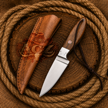 A fixed-blade knife with a polished silver blade and a brown wooden handle lies on a round wood slice beside a matching brown leather sheath. The scene is styled with thick coiled rope on a burlap background.