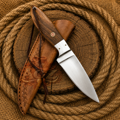 A fixed-blade knife with a polished silver blade and a dark wood handle, displayed next to its brown leather sheath on a rustic wood slice and burlap background.