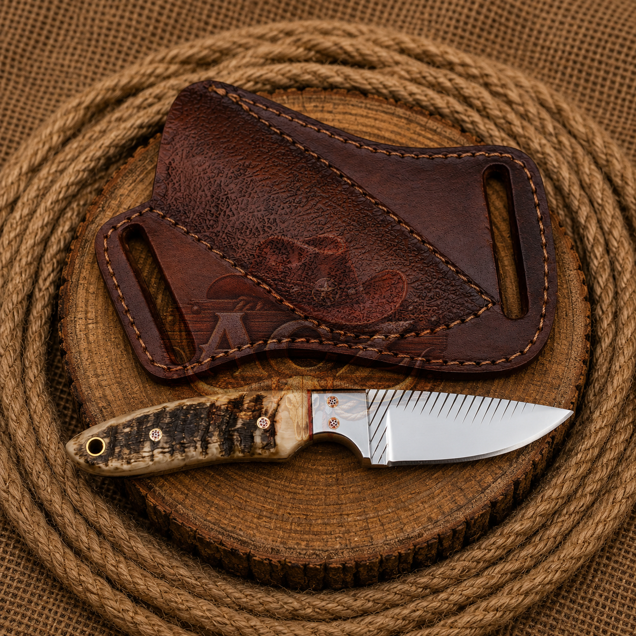 A fixed-blade knife with a carved bone handle and satin-finished steel blade rests on a round wooden slice, with a dark brown leather sheath behind it. The setup is photographed on a burlap surface with coiled rope in the background.