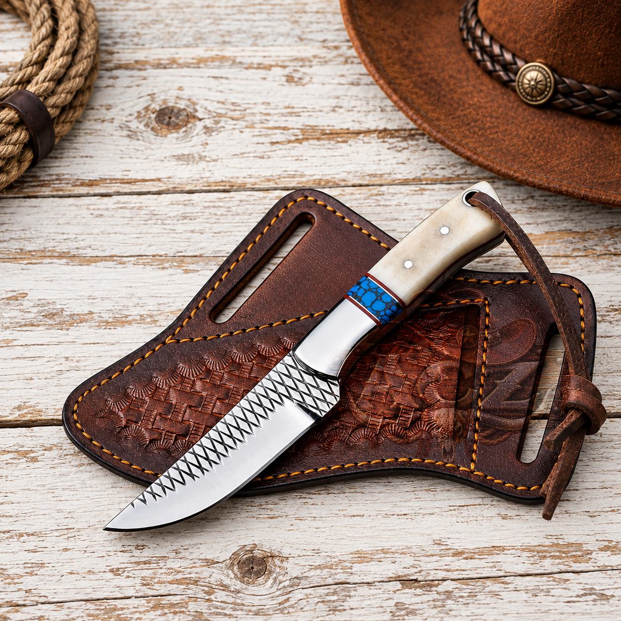 A custom knife with a patterned silver blade, a blue and cream handle, and a brown leather sheath, displayed on a rustic white-washed wooden table with a leather hat and rope as props.