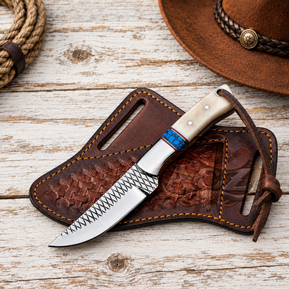 A custom knife with a patterned silver blade, a blue and cream handle, and a brown leather sheath, displayed on a rustic white-washed wooden table with a leather hat and rope as props.