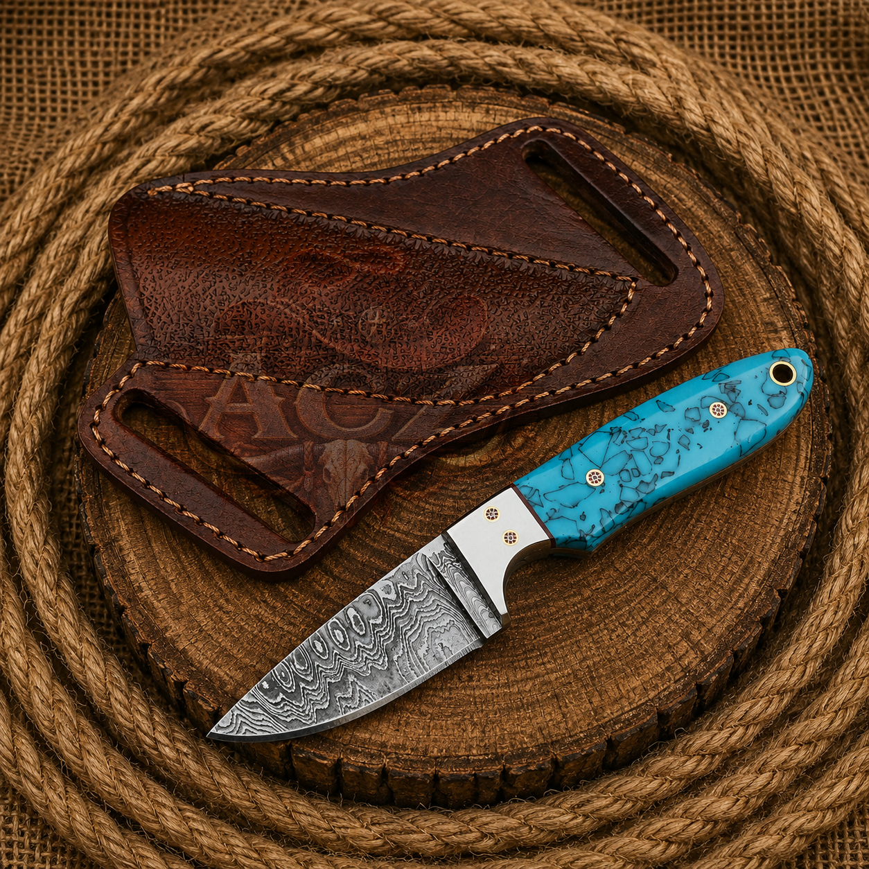 A fixed-blade knife with a patterned steel blade and a bright blue carved handle, displayed next to its brown leather sheath on a rustic wooden slice and burlap background.