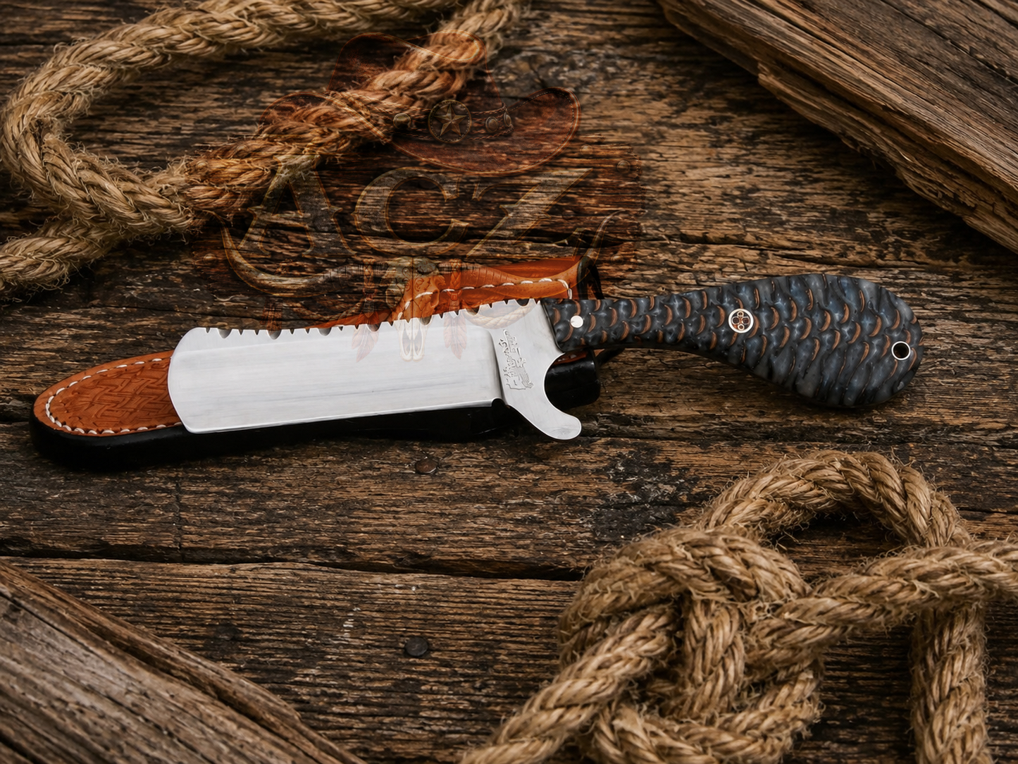 A fixed-blade knife with a satin-finished silver blade, a serrated back edge, and a dark textured handle, resting on a rustic wooden surface next to its brown leather sheath. Coiled natural rope is visible in the background and foreground.