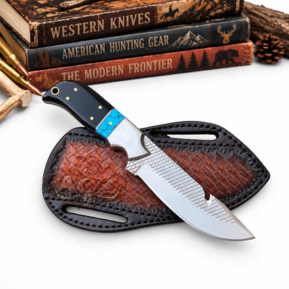 Western Cowboy Gut Hook Rasp Steel Knife – 8" Black Horn & Blue Stone