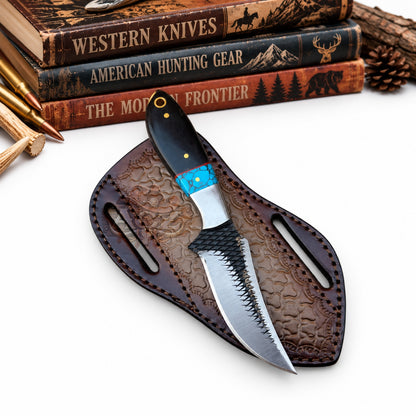Western Cowboy Rasp Steel Knife – 7" Black Horn & Blue Stone Handle